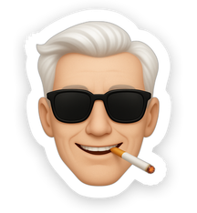 Large swoop back White Hair, thin long face, large black sunglasses, add lit cigarette to a smiling mouth, it's David Lynch