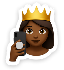 Young Woman of Color wearing a crown holding a smart phone