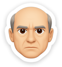An older German man, with a sizable white crown of hair around his bald head, no facial hair, no glasses, deep seated eyes and a professional look on his face, in the style of Emoji